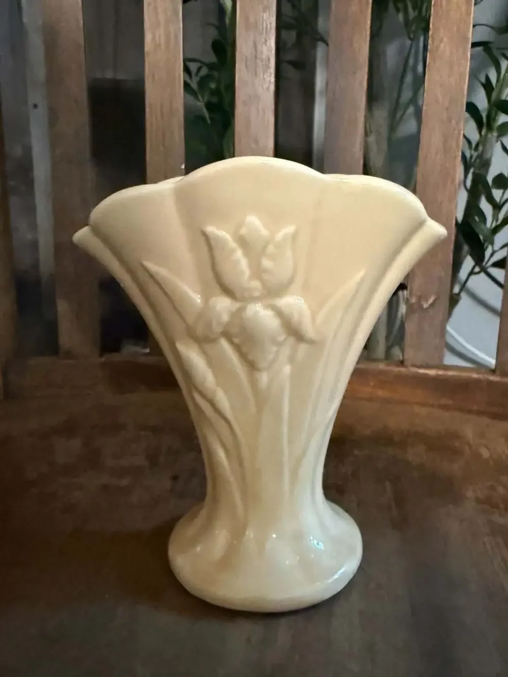 Vintage USA Pottery Yellow Fan Vase with Raised Floral Relief and Pedestal Base